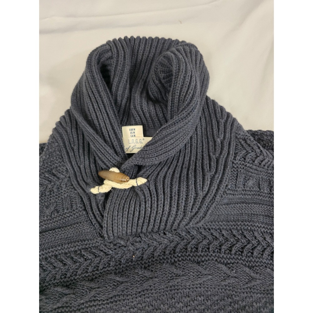 HM LOGG Mens Shawl Collar Cable Knit Toggle Sweater Navy Blue Cotton Medium